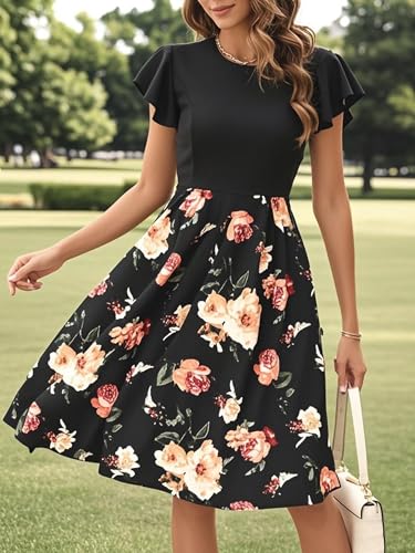 Image of oxiuly Women's Flounce Sleeve Wedding Church Vintage Dresses Casual Floral Party Cocktail Work Dress with Pockets Fei376