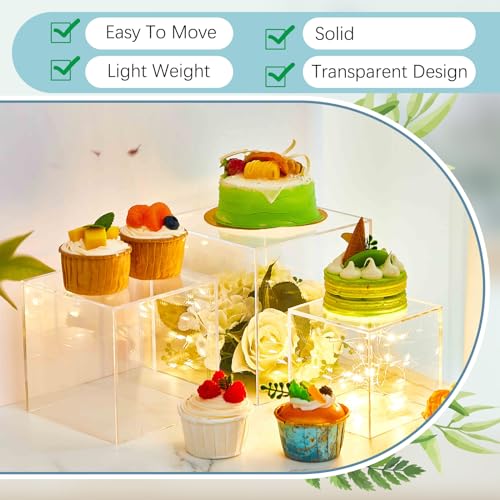 Kigley 6 Pcs Acrylic Boxes for Display, 4\'\'x4\'\', 5\'\'x5\'\', 6\'\'x6\'\', Small Square Clear Cube Nesting Riser Showcase Crystal Cupcake Stand Pedestal Organizer Base for Food Jewelry Display, 5 Sides - Thumbnail 4