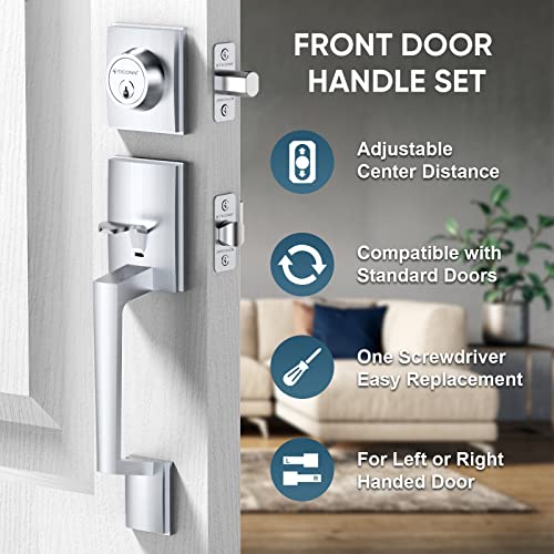 Image of TICONN Front Door Handle Set, Heavy Duty Square Door Lever & Single Cylinder Deadbolt Combo Reversible for Entrance Exterior Doors (Satin Chrome)