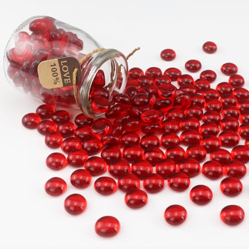 ginojex Perles en verre de 1 kg pour remplissage de vase, gravier d'aquarium, billes en verre plates, pierres précieuses, galets, pierres d'aquarium, roches décoratives pour la maison - Rouge