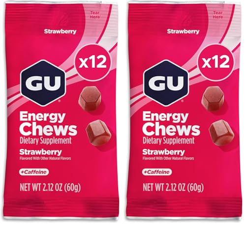 Image of GU Energy Chews, Strawberry Energy Gummies with Electrolytes, Vegan, Gluten-Free, Kosher, 20 mg of Caffeine, and Dairy-Free On-the-Go Energy for Any Workout, 12 Bags (24 Servings Total) (Pack of 2)