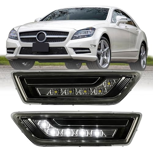 USR 12-14 W218 Front Side Marker Light – Bumper Parking Lamps (Left + Right) Pair - Compatible with 2012-2014 Mercedes-Benz CLS Class (CRYSTAL SMOKE LENS with WHITE LED) – Does Not fit AMG