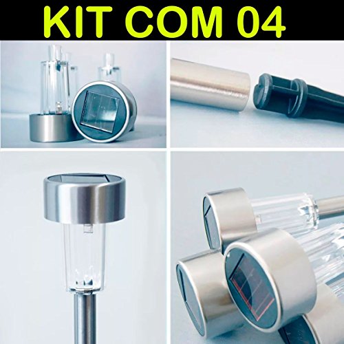 Kit 4, Luminária Solar Aço Inox Luz Led Poste Decoração Jardim Balizador