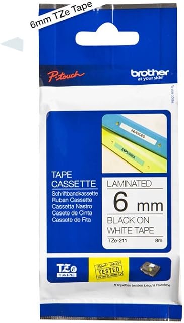 Brother TZe-211 Labelling Tape Cassette, Black on White, 6mm (W) x 8M (L), Laminated, Brother Genuine Supplies