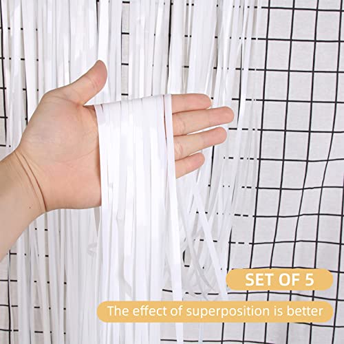 Image of 5 Pack White Fringe Foil Curtain 3.2ft x 8.2ft Tinsel Backdrop Streamers for Birthday Party Decoration Wedding Christmas
