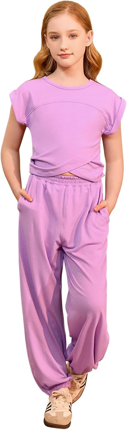 Girls 2 Piece Athletic Outfits Sets Crossover Cropped Tops and Wide Leg Sweatpants Tracksuit with Pockets