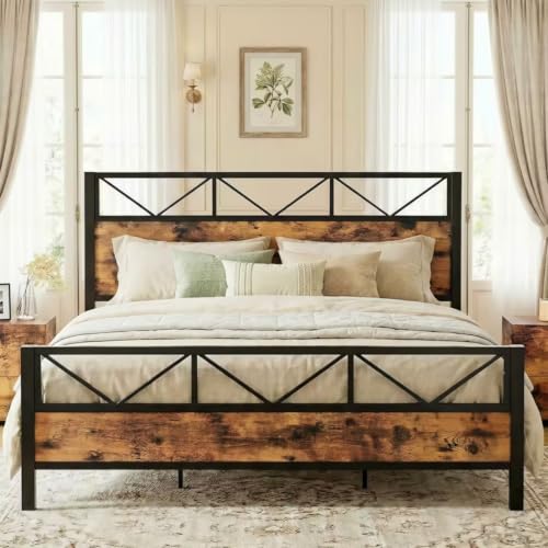 Image of LIKIMIO California King Bed Frame, Tall Industrial Headboard 51.1 inch, Platform Bed Frame with Strong Metal Support, Solid and Stable, Noise Free, No Box Spring Needed, Easy Assembly, Vintage Brown