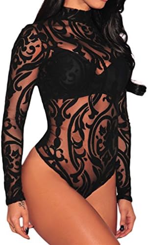 Joytoo Womens Sexy Teddy Lingerie Bodysuit Sheer Long Sleeve Bodysuit,Black Floral,L