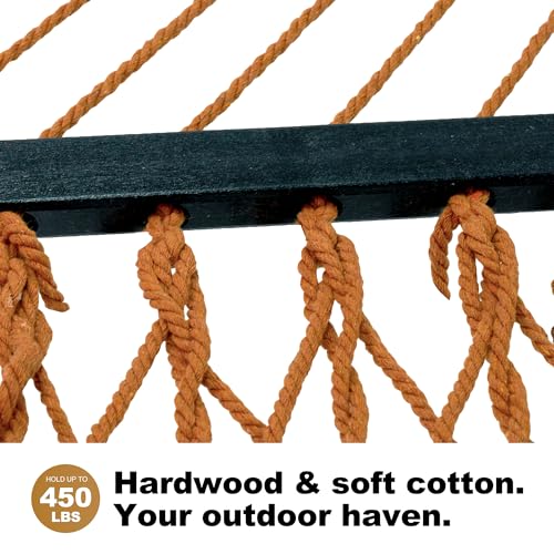 GAFETE 12ft Double Hammocks for Outside, Handwoven Traditional Cotton Rope 2 Person Hammock with Hardwood Spreader Bar, Chains & Hooks for Indoor Outdoor, Max 450 lbs Capacity (Coffee Brown, Medium) by gafete - Image 4