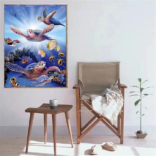Suneve Tortuga de fondo marino Pintura Diamante Adultos Principiante,Bricolaje 5D Round Diamond Painting Kit Completo,diamond painting Manualidades Para Decoración de Hogar Pared Regalo 25x45cm