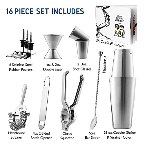 EatEx Bartender Kit - Bar Set Tools - 16pc Cocktail Set Kit - Bartender Drink Mixer Shaker Bar Tool Set with Lemon Squeezer and Great Recipe Book