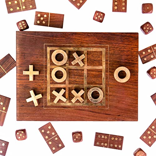 Brybelly Vintage Wooden 3-In-1 Parlour Game Set | 28 Dominoes, 9 Tic-Tac-Toe Tokens, & 10 Wooden Dice | Includes Engraved Travel Display Chest | Play 3 Classic Board Games #TOP2
