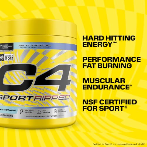 Image of C4 Ripped Sport Pre Workout Powder - NSF Certified for Sport - 200mg Caffeine + Cayenne Extract + Carnitine Tartrate + Beta-Alanine - Artic Snow Cone, 20 Servings