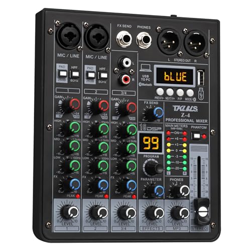 TKLBLS 4 Channel Podcast Audio Mixer, Compact Mixing Console with 99 DSP Effects, 48V Phantom Power...
