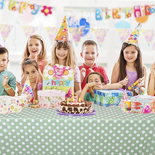 Image of Kesfey 3 Pack Sage Green Polka Dot Table Cloths 54 x 108 Inch Sage Green and White Dots Tablecloth Disposable Plastic Sage Green Tablecover Waterproof Rectangle Picnic Table Covers for Birthday Party