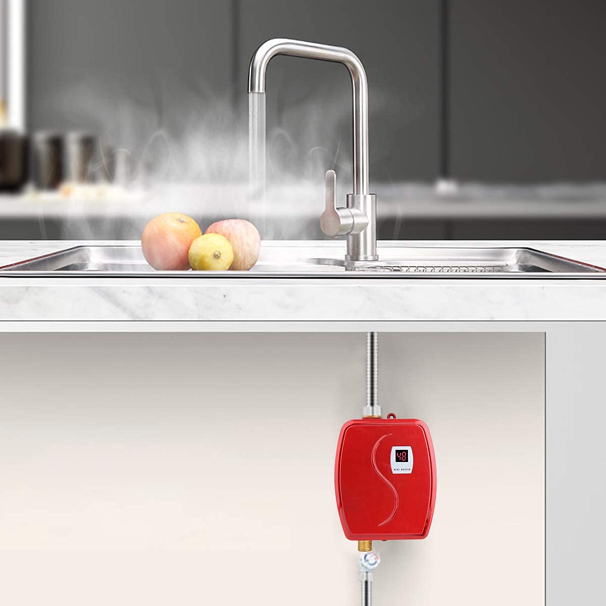 Haofy Calentador de Agua Instantáneo Eléctrico, 3800W 220V Mini Termo Eléctrico Sin Tanque, de Agua Caliente de la Ducha con LCD Pantalla para Lavado de Cocina/Baño, Debajo del Fregadero