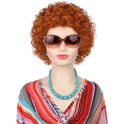Image of Red Orange Wig + Sunglasses + Jewelry Set for Women Costume Short Curly Reddish Wigs for Landlady Cosplay Halloween Party or Fun (5pcs)