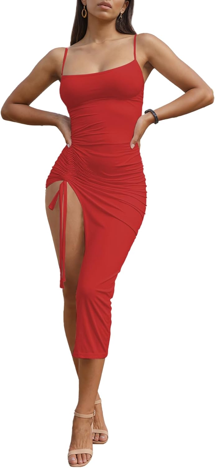 Nimsruc Womens Sexy Summer Dresses Spaghetti Strap Thigh-high Slit Ruched Bodycon Maxi Club Cocktail Party Dress