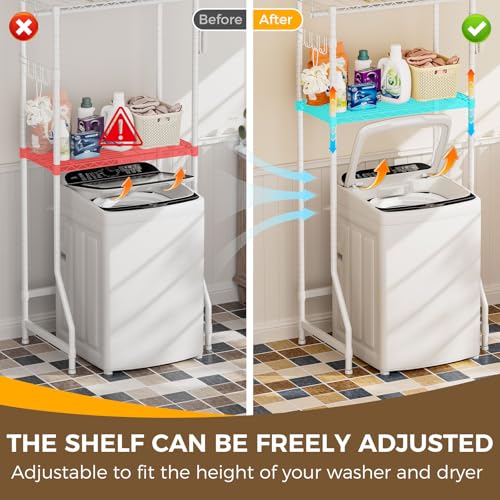 Image of Golpart Over Washer and Dryer Shelves,2 Tier Adjustable Height Wire Shelving Laundry Room Storage Organization Clothes Drying Rack with Hanger Rod&Hooks,Space Saving Organizers Shelf,White