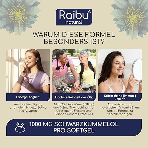Schwarzkümmelöl Kapseln - 1000 mg pro Tag (1× täglich) - 6-Monats-Vorrat - kaltgepresst aus Nigella sativa - hoher Thymochinongehalt und Linolsäure, ergänzt mit Vitamin E - 180 Softgels