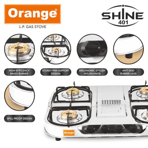 Image of Orange 4 Burner Stainless Steel Gas Stoves Manual (Shine) | Silver | Spill Proof | Ergonomic Knobs | Tri-Pin Brass Burners (ISI Certified)