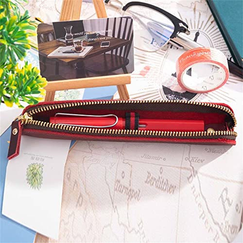 Image of Retro Crazy Horse Genuine Leather Stationery Pencil Case Storage Bag Casual Stationery Box (Red)