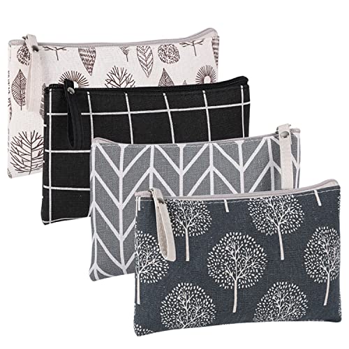 4Pcs Flat Canvas Cosmetic Bags, Zipper Makeup Pouch for Women, 8.6 x 5.5 In
