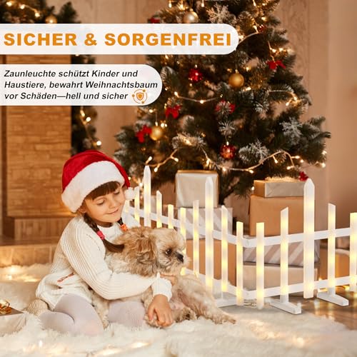 XMTECH LED Weihnachtsbaum Zaun 2,8 m, 8 Stück dekorativer Lattenzaun mit 8 Lichtmodi, warmweiße Beleuchtung, IP44 wasserdicht, flexibler Zaun für Haustiere, Garten, Wohnzimmer, Weihnachtsdekoration