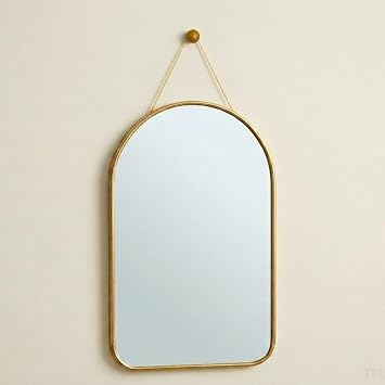 Dekoratif Duvar Aynası, 23x40 cm, İnce GoldMetal Çerçeve, Kemer Tasarım, Sarı Askı İpli, Modern Stil, Antre ve Banyo için