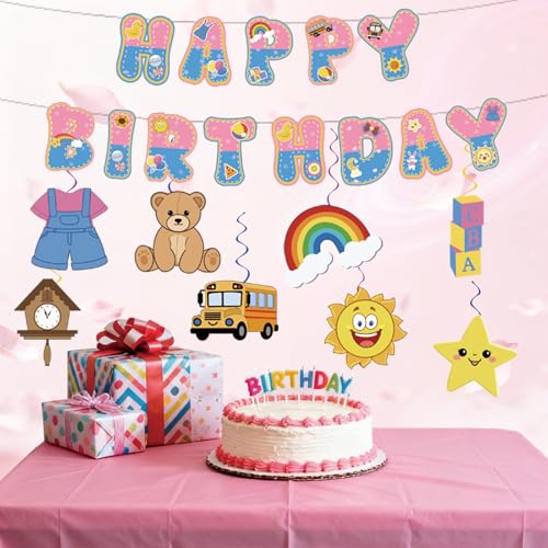 Image of Pink Blue Birthday Decorations - Cute Cartoon English Teacher Banner Garland Bunting with 8 Style Hanging Swirls for Little Girls Birthday Party Supplies
