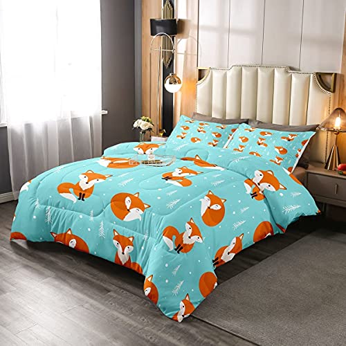 Loussiesd Kids Quilted Bed Cartoon Fox Print Bed Cover Single Animal Theme Winter Summer Bedspread Ultra Soft Comfortable Microfiber Forest Fox Pattern for Women Men Bedroom