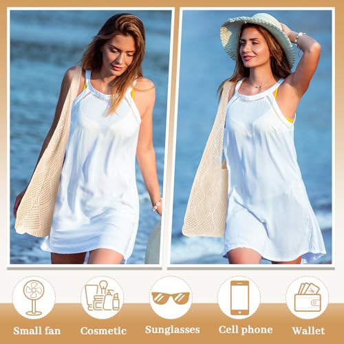 Image of Aliceset 2 Pack Crochet Mesh Beach Tote Bag with Letter Patch Pocket Summer Beach Tote Bohemian Straw Transparent Bag