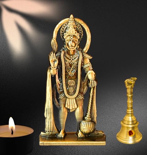 Image of Combo Hanuman ji Idol with Double Sided Design and Flying Bajrangbali Haging Ornament for Home Temple & Car Dashboard,Office,Gift-Brass Statue for Good Luck (Gold)(Pack of 02)