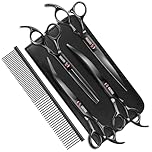 7.0in Titanium Professional Dog Grooming Scissors Set, GEMEK 6 in 1 Straight & Thinning & Upwards Curved & Downwards Curved Scissors & Comb for Dogs, Cats and Other Animals (Black)