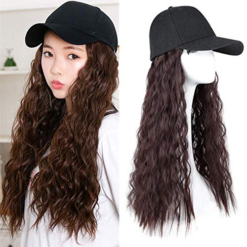 Long Wave Women Wig with Hats Synthetic Dark Brown Corn Wavy Wigs with Baseball Cap Baseball Hats with Hair Hair Pieces Hair Extension for Women (Dark Brown)