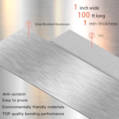 Image of GSCIT Club Silver Edge Banding, 1 Inch x 100ft Aluminum Brushed Edge Banding PVC Edge Trim for Cabinet Repair Furniture