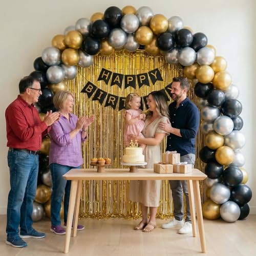 Image of Just Party Happy Birthday Decoration Kit, Gold Silver and Black - Pack of 60 | Super Shinny Balloons for Birthday Decoration | Birthday Balloons for Kids & Adults | Super Shinny Foil Fringe Curtains