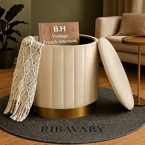 Image of Round Velvet Luxurious Storage Ottoman, Pouf with Storage Vanity Stool Chair,Upholstered Foot Rest Stool with Gold Strip Base for Living Room or Bedroom (Beige, Medium- 36Dx36Wx40H)