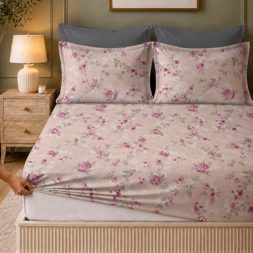 Image of LANE LINEN Symphony 100% Cotton 144TC King Bedsheet Set, 3 Piece, Printed | Printed 3-Piece Set With 1 King Fitted Bedsheet (1.83 x 1.98 M + 0.30D CM), 2 Pillow Covers, 144 TC, Soft & Breathable Cotton
