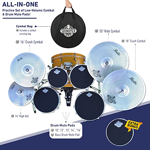 Low Volume Cymbal Pack With Drum Mute Pads, Complete 5Pcs Mute Cymbal Set & 6Pcs Drum Dampeners, Quiet Cymbals 14"/16"/18"/20" | Drum Mute Pak 10"/12"/13"/14"/16", 1 Bass Drum Mute Pad, Cymbal Bag #TOP1