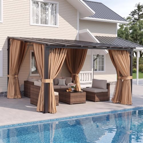 Aoxun 12x10FT Pergola with Netting and Curtains for Patio, Brown