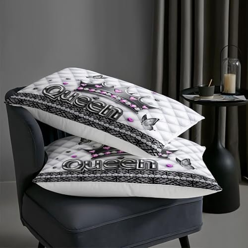Image of AILONEN Queen Crown Comforter Set for Women,Black Lace Butterfly Bedding Set Full Size for Room Decor,3-Piece Luxury Black and White Quilt with 2 Pillowcases