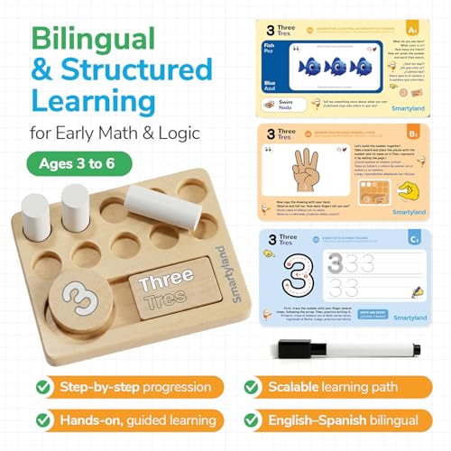 Smartyland Bilingual Math Toy English Spanish Educational Kit for Preschoolers | STEAM Early Math & Logic Set | Hands-on Addition, Subtraction, Counting, Logic Games, Wooden Boards, Activity Cards - Image 2