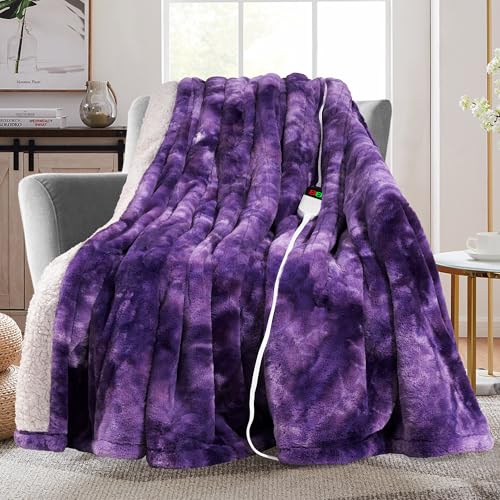 Image of MAXEVE Electric Heated Throw Rabbit Faux Fur Blanket with 8 Heating Levels & 8H Auto Off, Fast Heating Warm Cozy Sherpa Washable Electric Blanket with Over-Heat Protection, ETL Certification, Purple