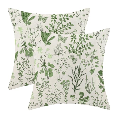 Image of AEIOAE Summer Pillow Covers 22x22 Inch Set of 2,Olive Green Wild Flower Plant Throw Pillows Case,Seasonal Floral Outdoor Decorative Square Linen Farmhouse Decor Cushion Covers for Home Sofa Bed Couch