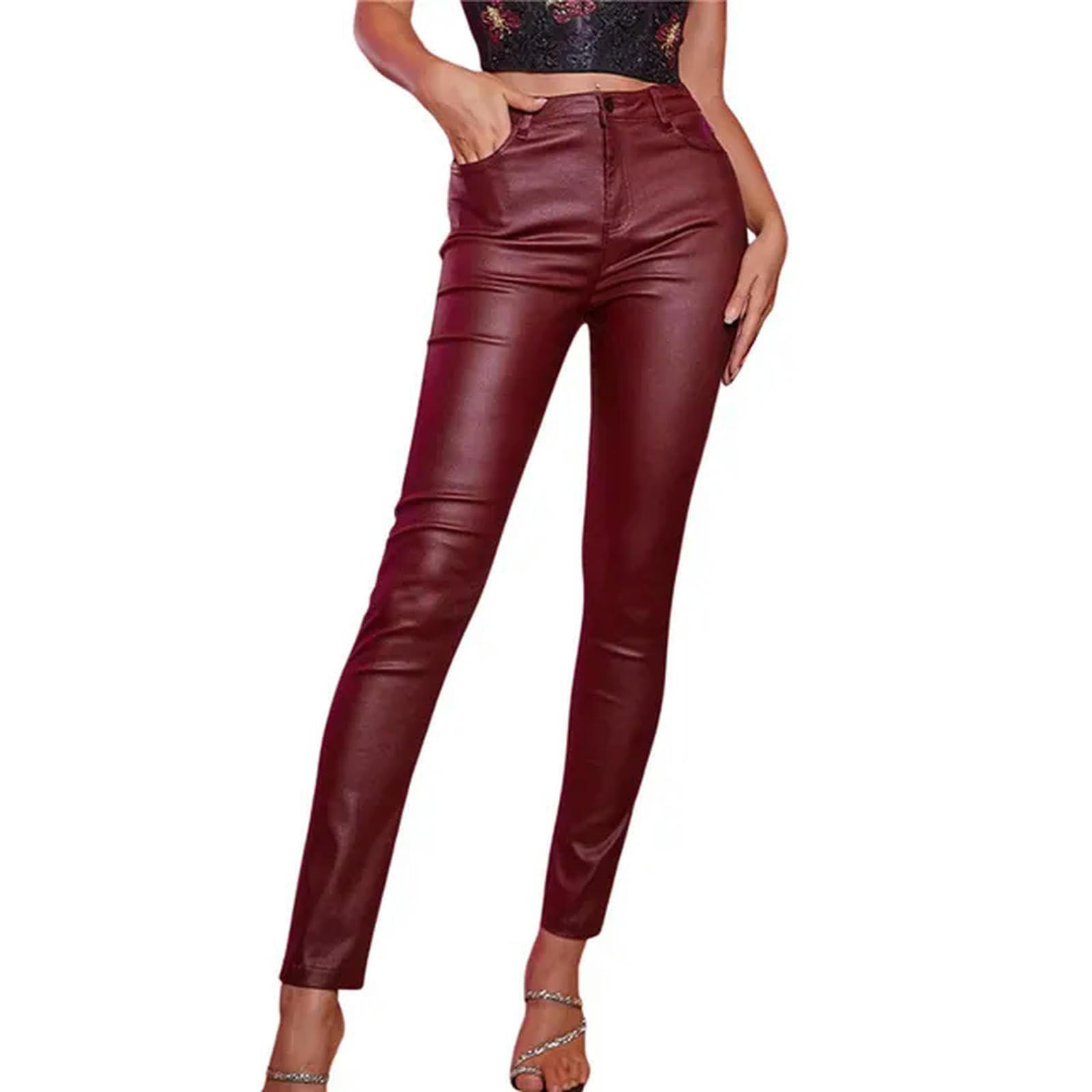 Pantaloni in Pelle PU Pantaloni a Matita Streetwear Tinta Unita a Vita Alta Casual da Donna