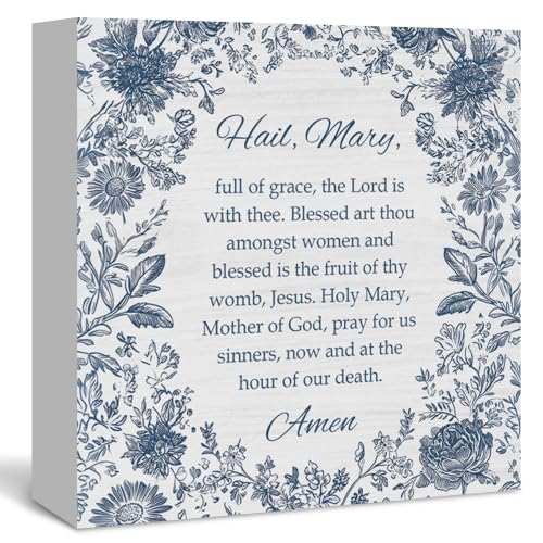 TOUZISOU Catholic Hail Mary Prayer Wooden Box Desk Sign, Vintage