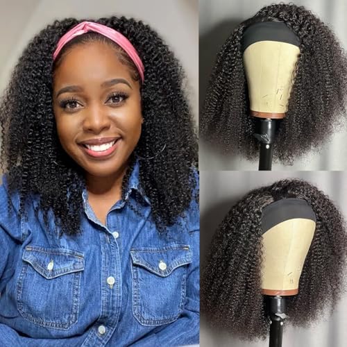 Image of Headband Wig Human Hair Kinky Curly Glueless Wigs 16 Inch Natural Black
