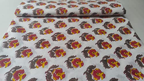Image of Floral Printed Cotton Fabric Cloth Hand Block Print Fabric Women Material Running Jaipuri Hand Block Printed Women Dress Material Kurtis Natural 44 inch Inches Width 2.5 Meter (Pattern 8)