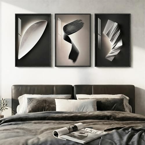 3 Piece Framed Modern Wall Art Sets, Abstract Black and